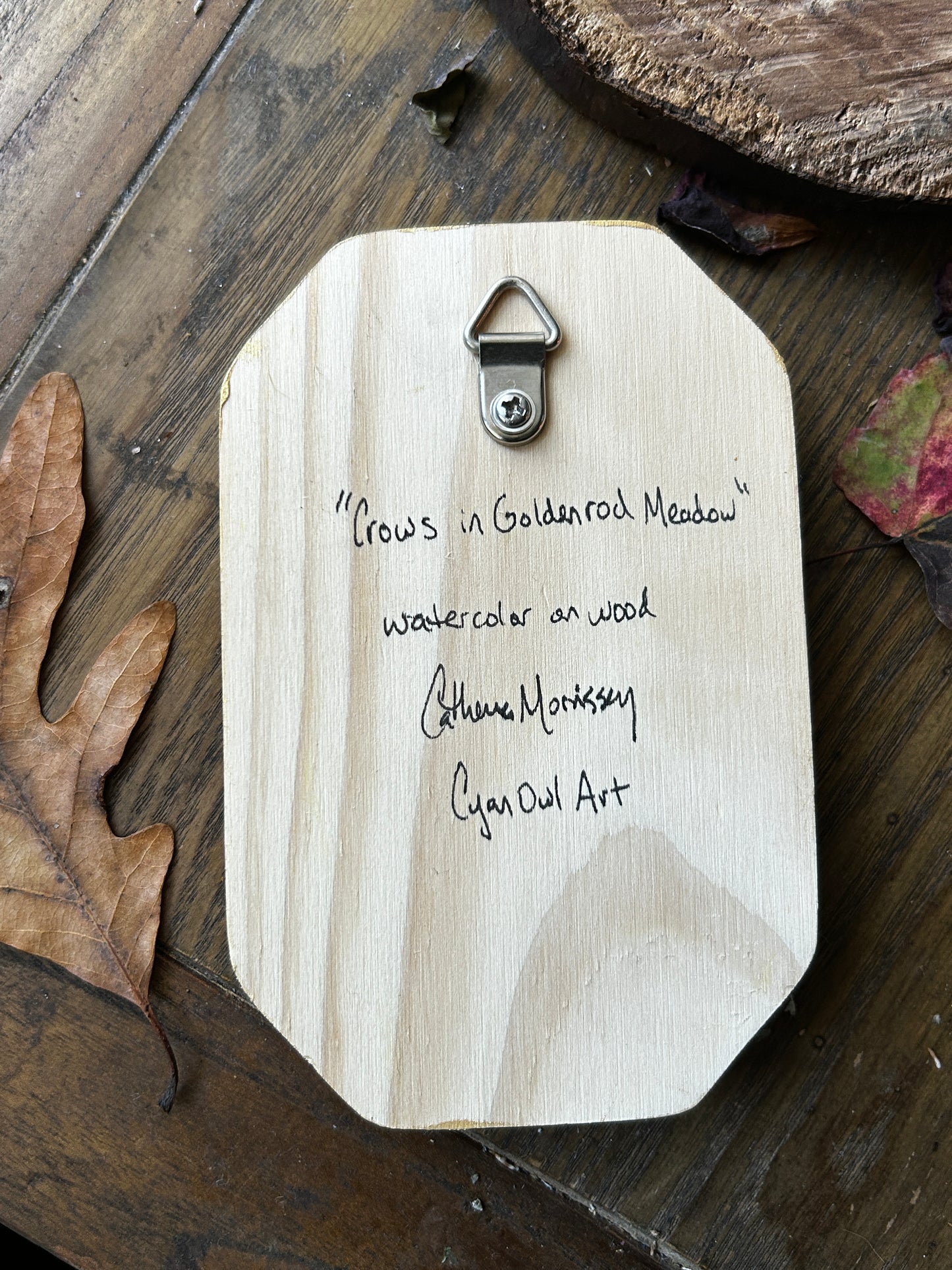 Original miniature watercolor painting on wood- ready to display art- deer fawn, barred owls, crows, autumn forest, goldenrod, blackberry bramble