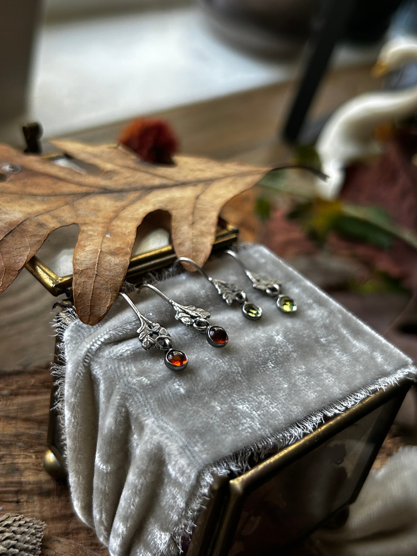 Oak leaf and Acorn Earrings- Sterling silver jewelry with gemstone charm