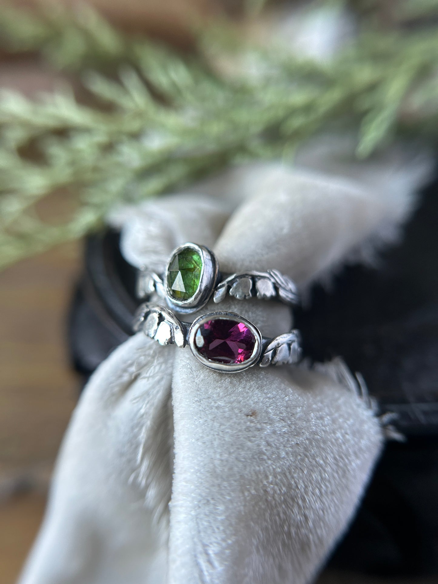 Ready to ship Lily of the valley ring- choice of green tourmaline or rhodolite garnet- sterling silver