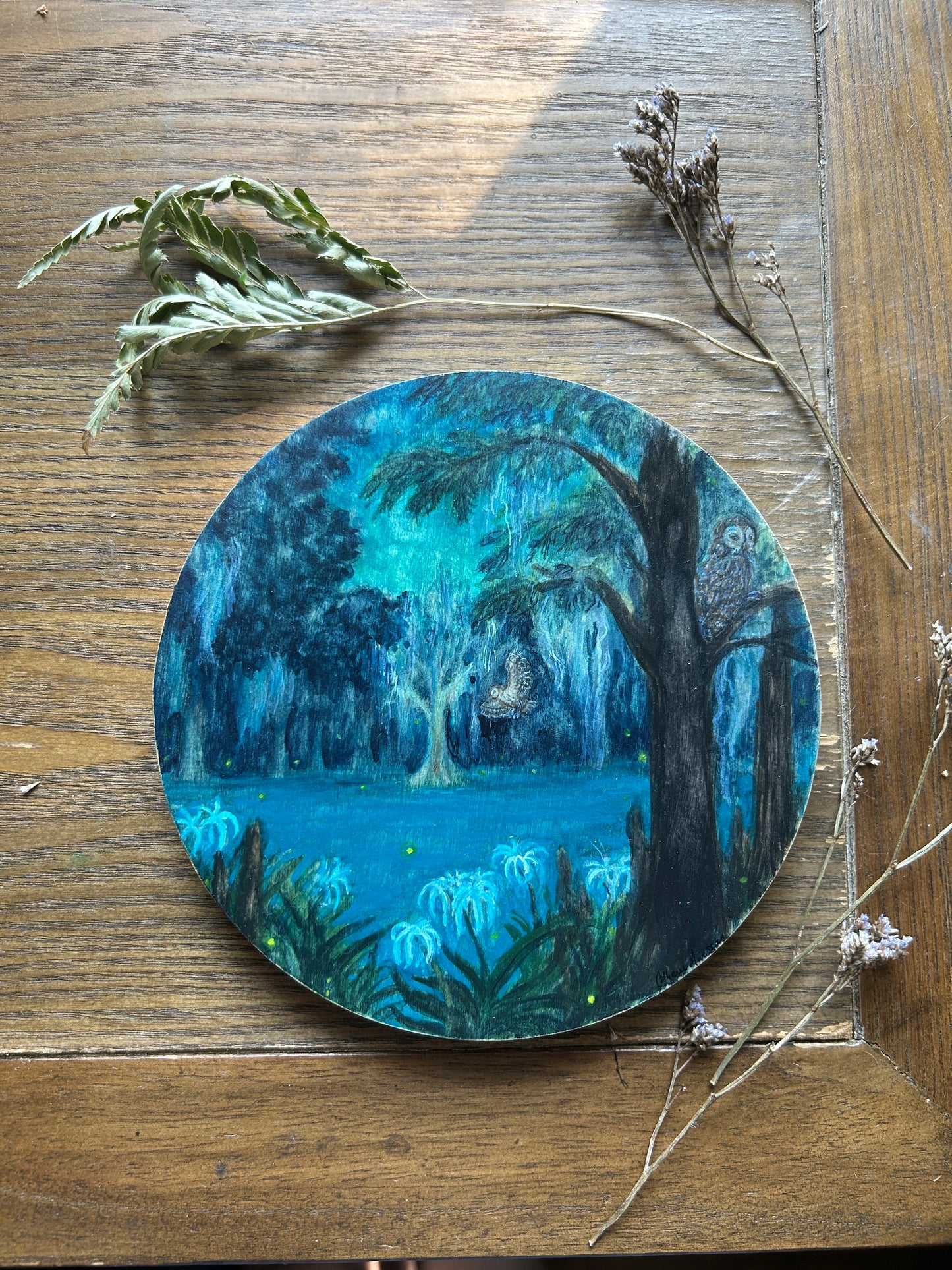 Night Ghosts of the Swamp- original round watercolor painting on wood nature owls and swamp lilies