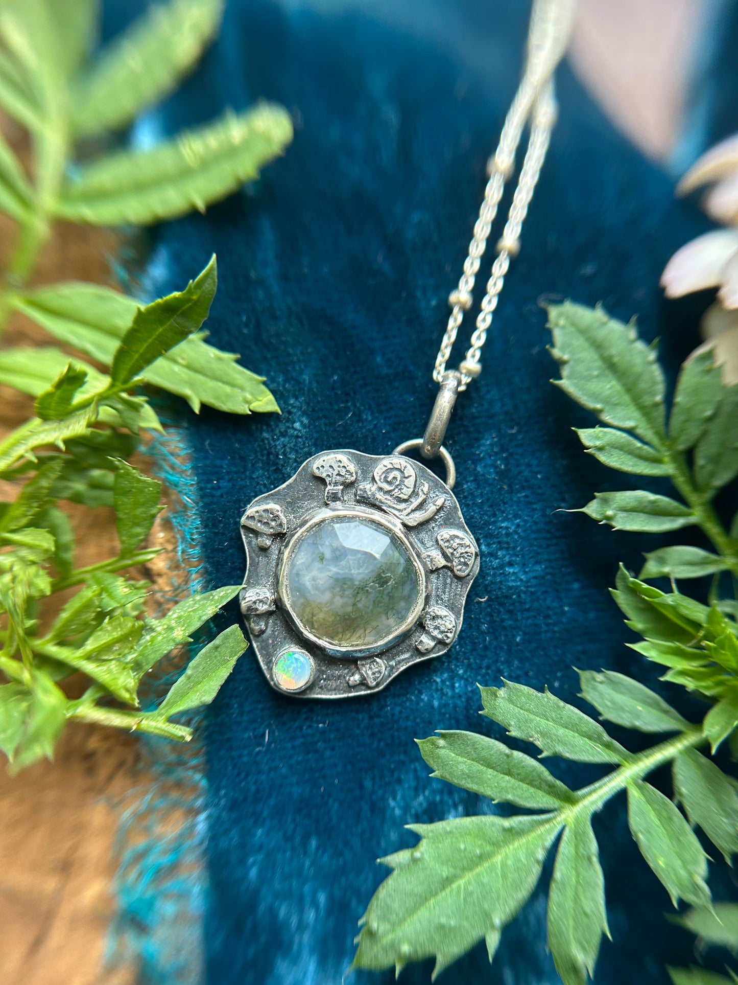 Fairy Ring Necklace with moss agate, opal, snail, and mushrooms- sterling silver jewelry