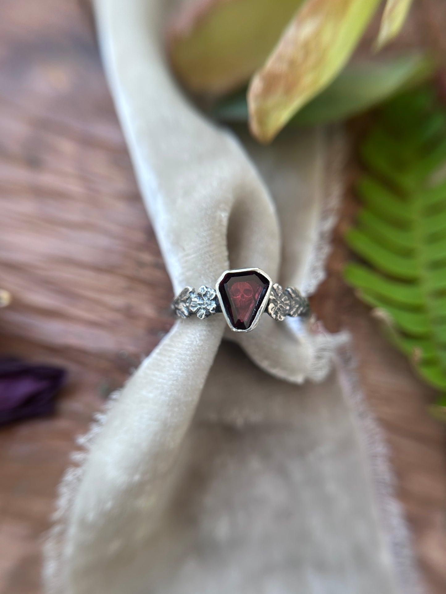 Wild roses & skull ring with portrait cut coffin garnet- Sterling silver jewelry