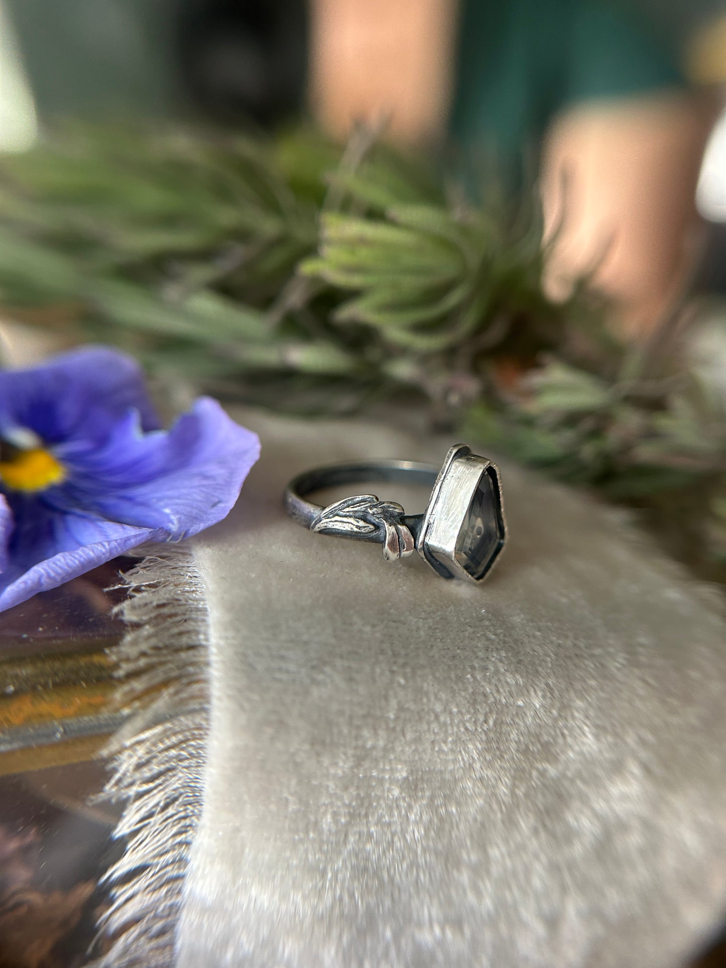 Snowdrop Skull with Portrait Cut Rainbow Moonstone -sterling silver ring finshed to ring size