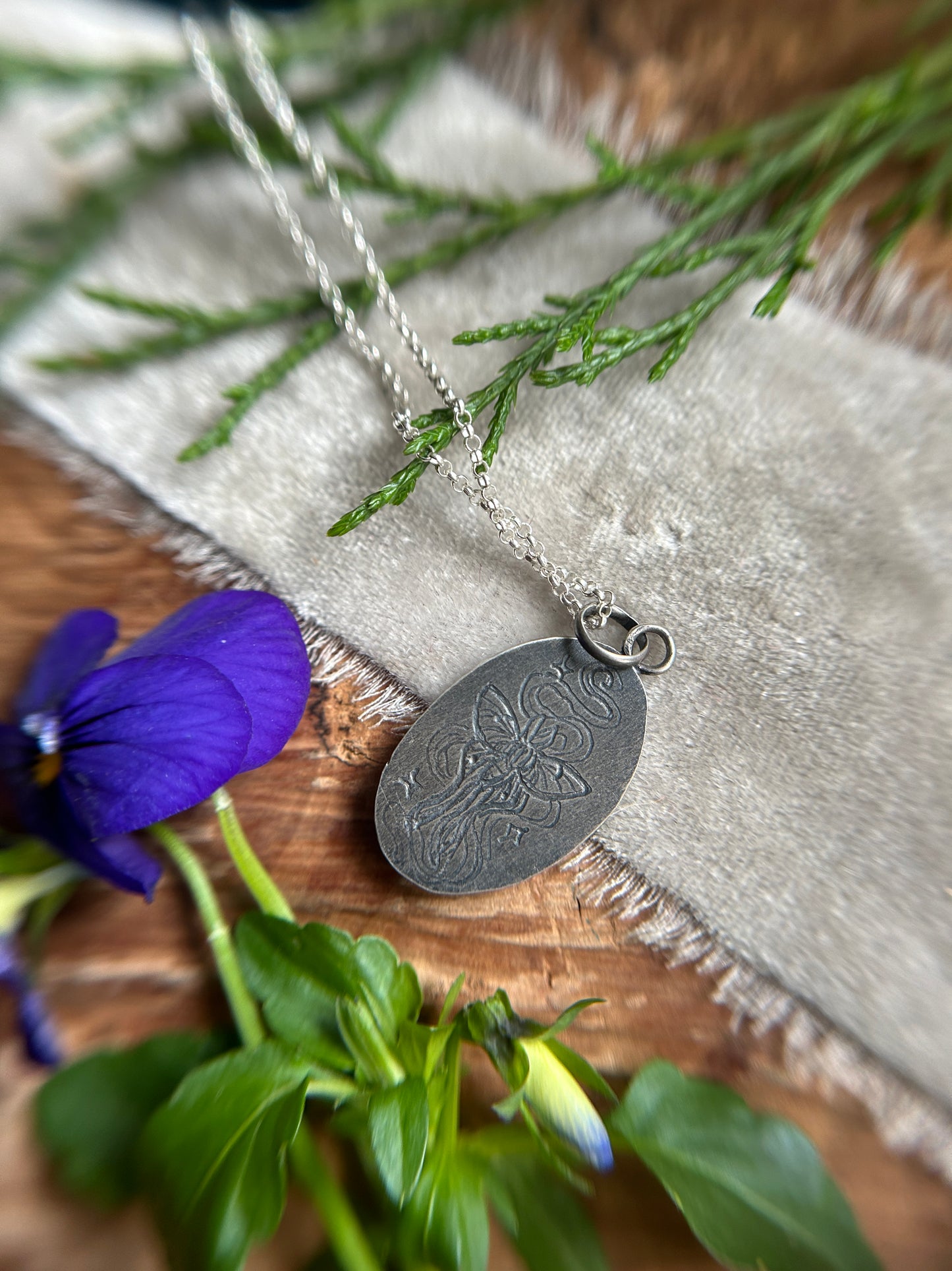 Moonlit Willow Pendant with rainbow moonstone and luna moth back detail