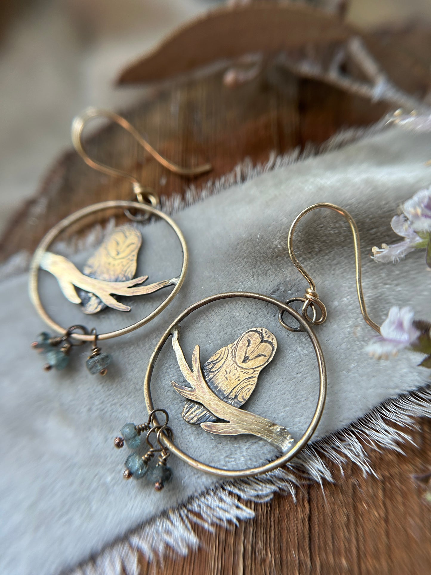 Barn owl earrings Sterling silver  or brass- choice of moss aquamarine, rainbow moonstone or labradorite