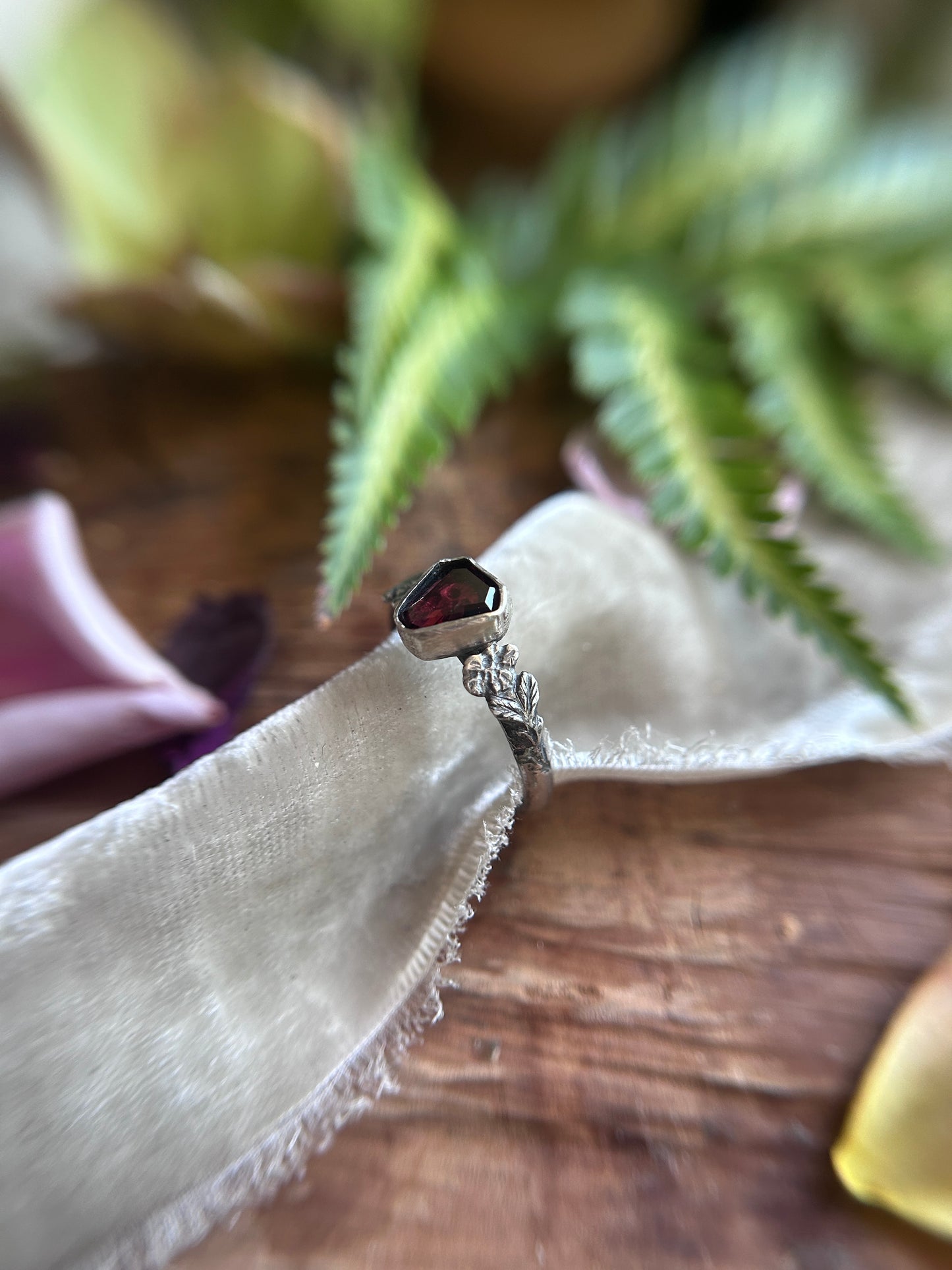 Wild roses & skull ring with portrait cut coffin garnet- Sterling silver jewelry