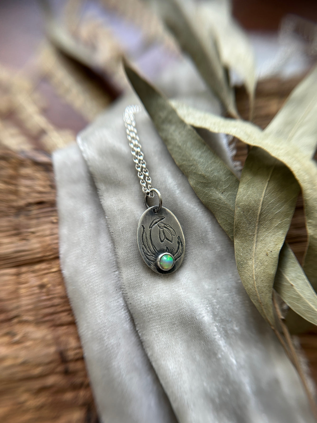 Snowdrop with Opal Necklace- sterling silver jewelry