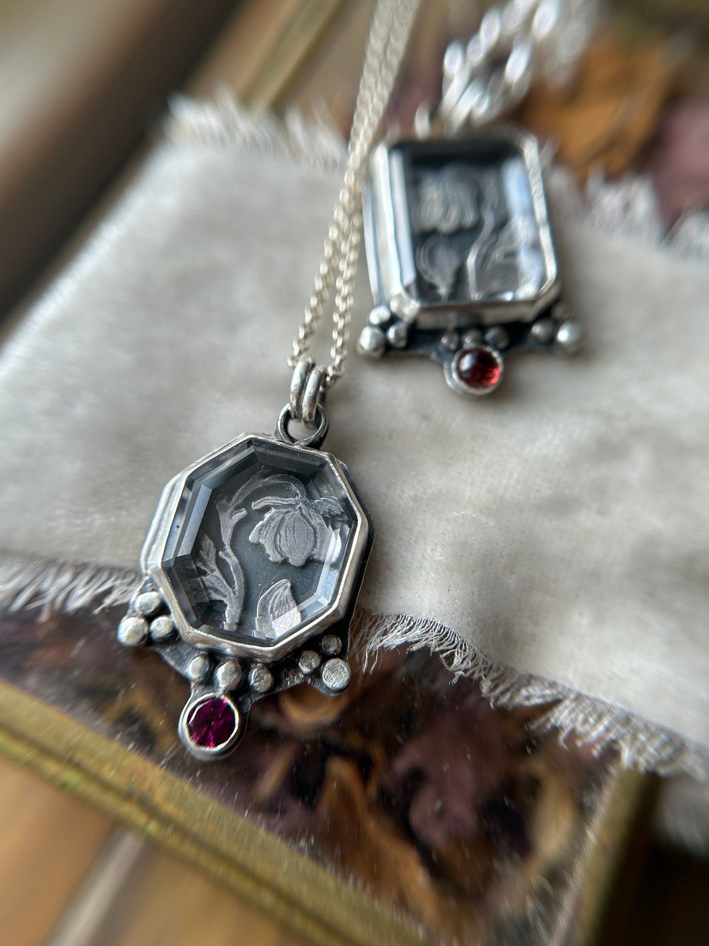 Enchanted Rose under Portrait Cut Quartz with garnet- sterling silver necklace