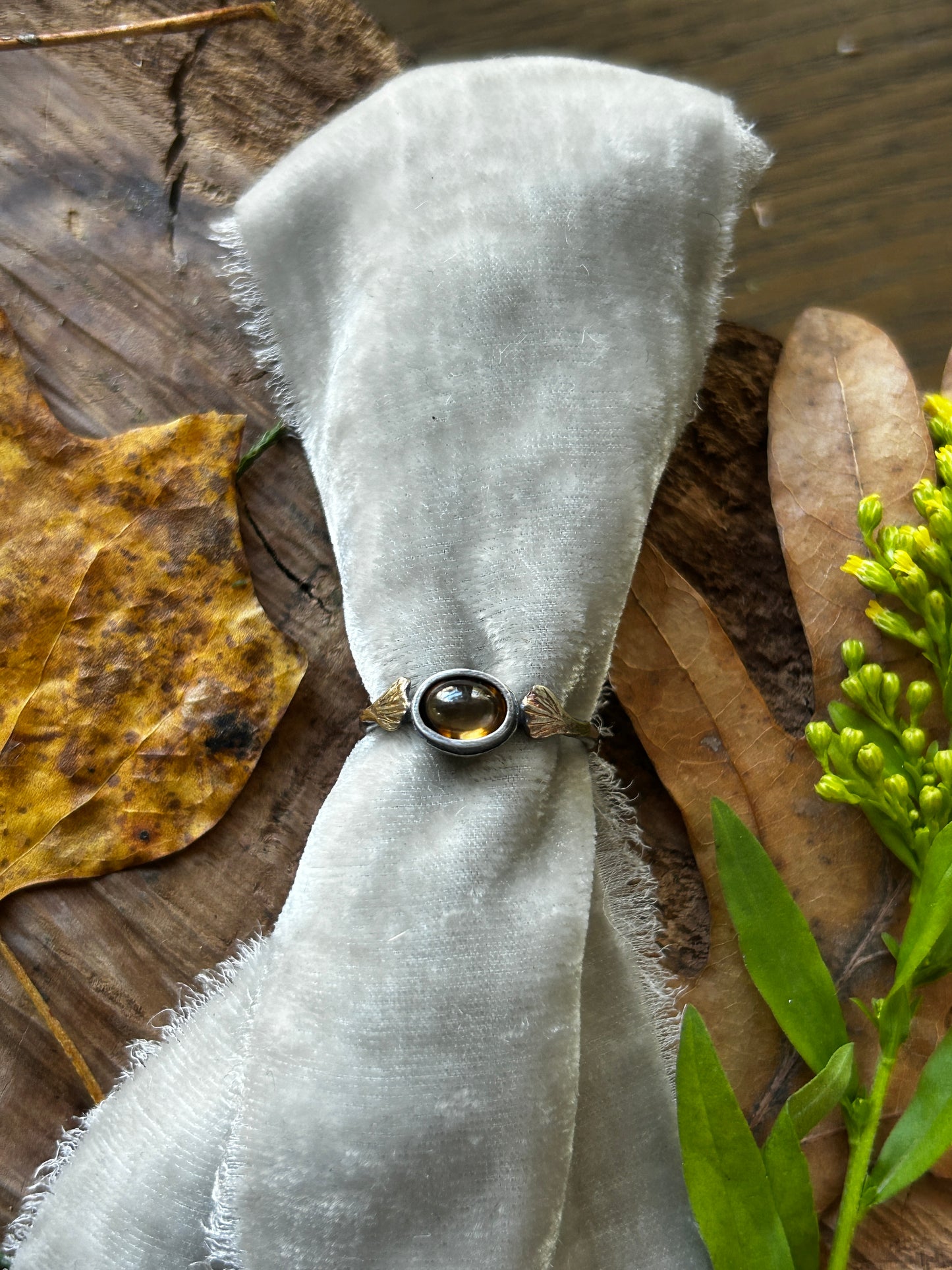Ginkgo Leaves and Imperial Topaz Ring- sterling silver and brass jewelry