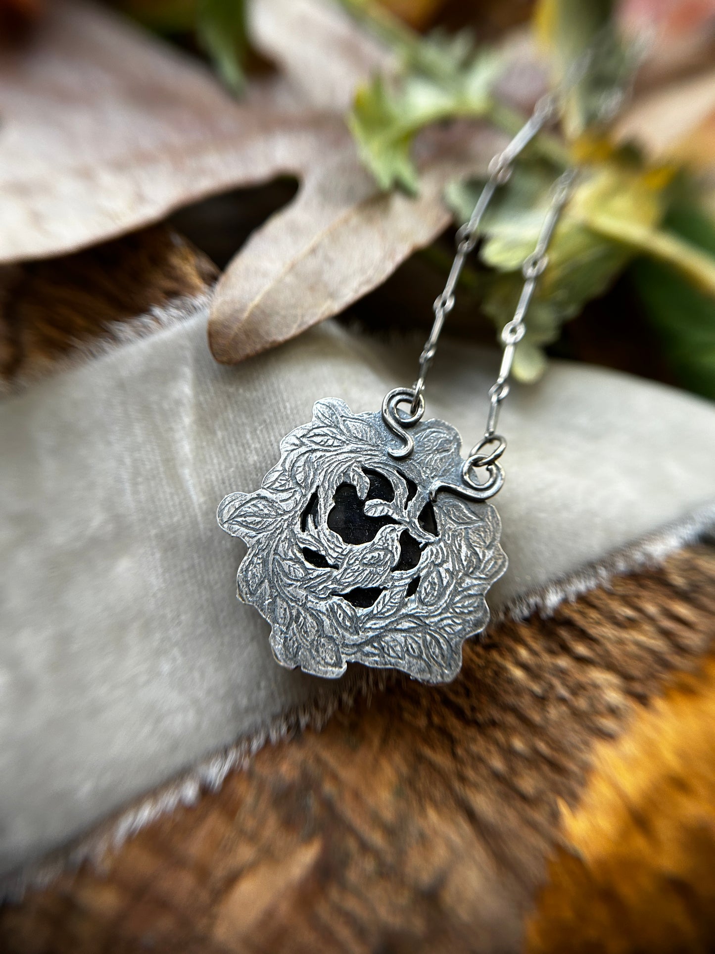 Autumnal Blackberry Vines with Purple Labradorite and Black Onyx- Sterling silver and copper jewelry