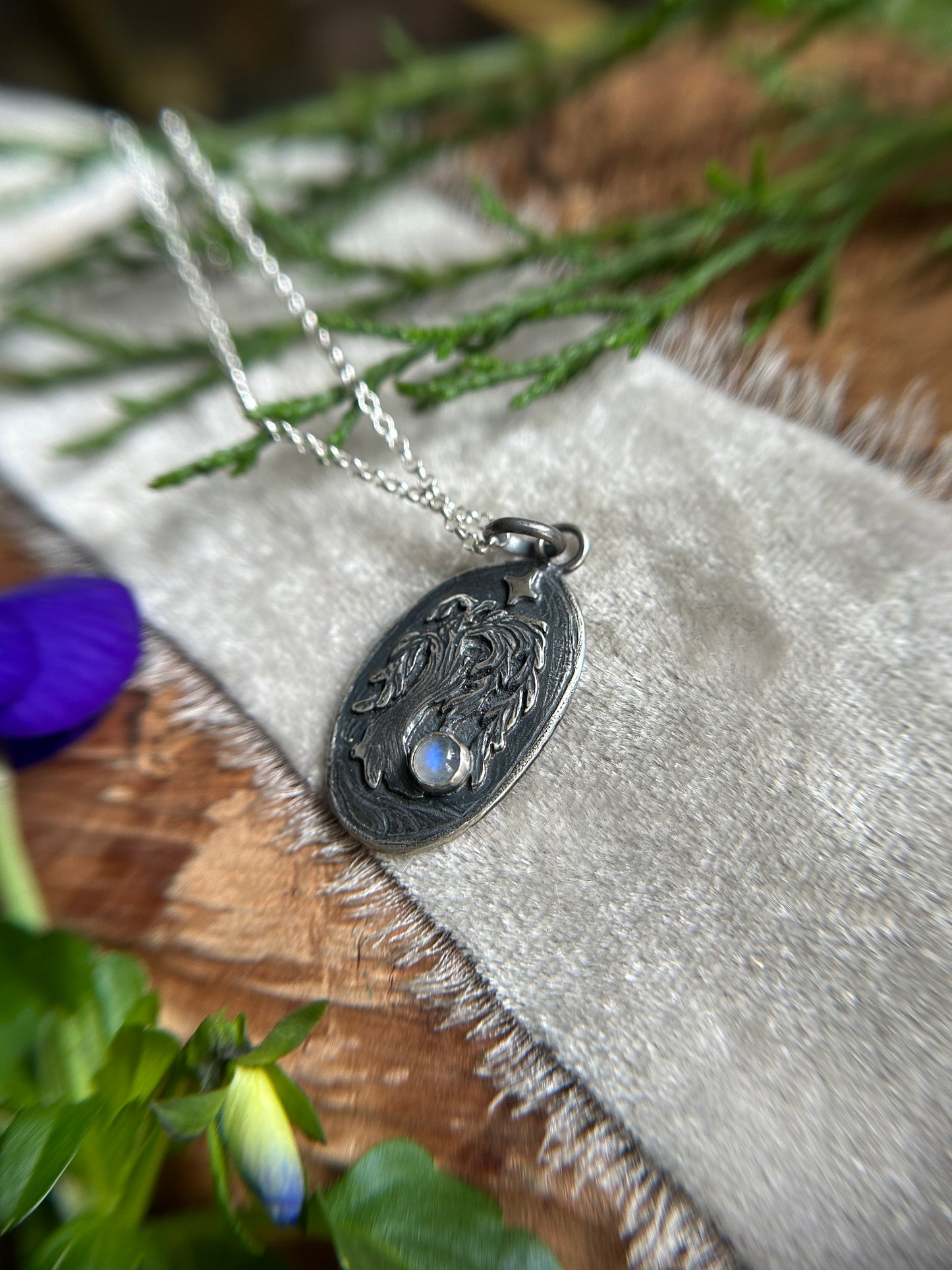 Moonlit Willow Pendant with rainbow moonstone and luna moth back detail