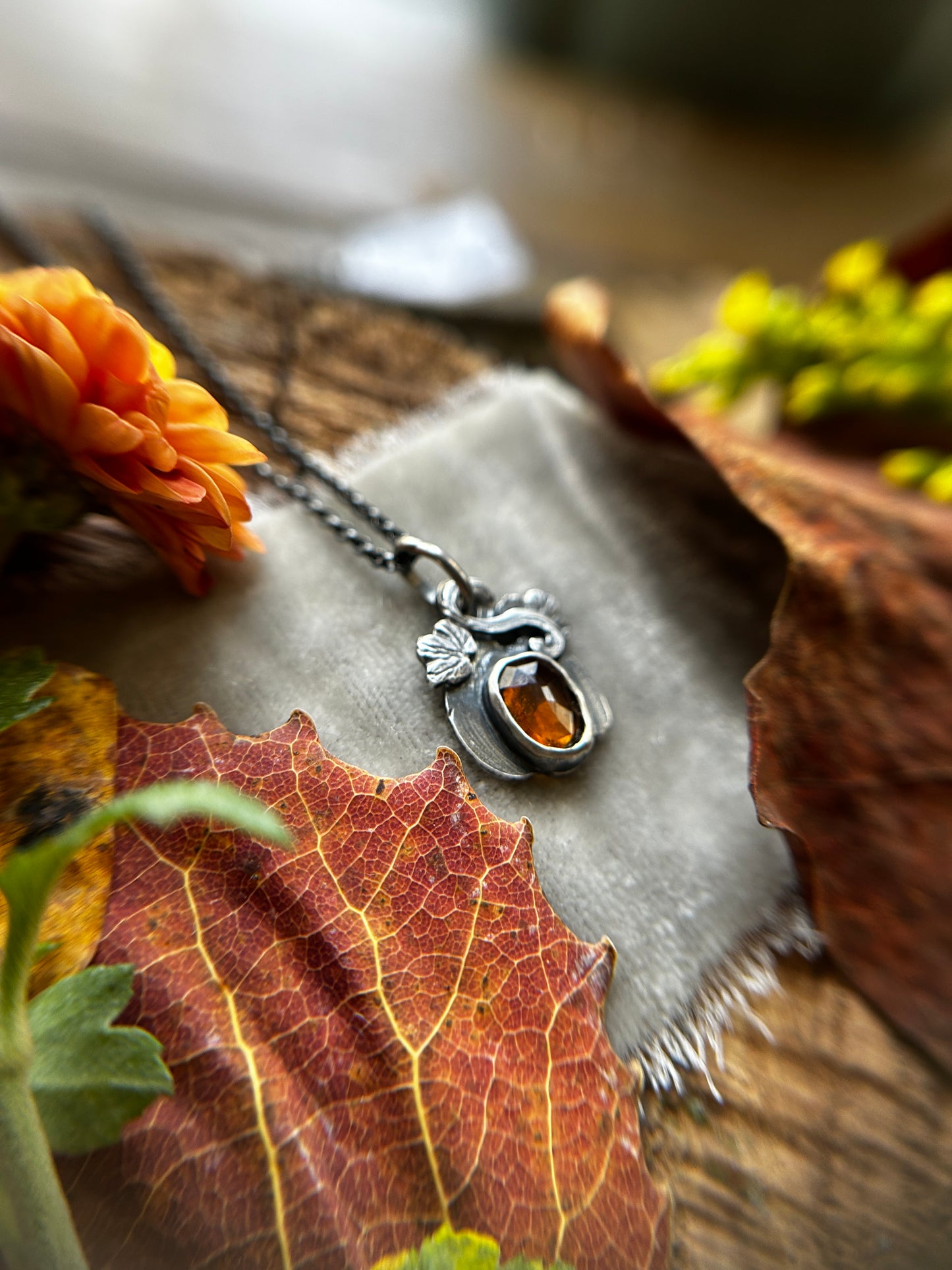 Hessonite Garnet Pumpkin necklace- sterling silver jewelry