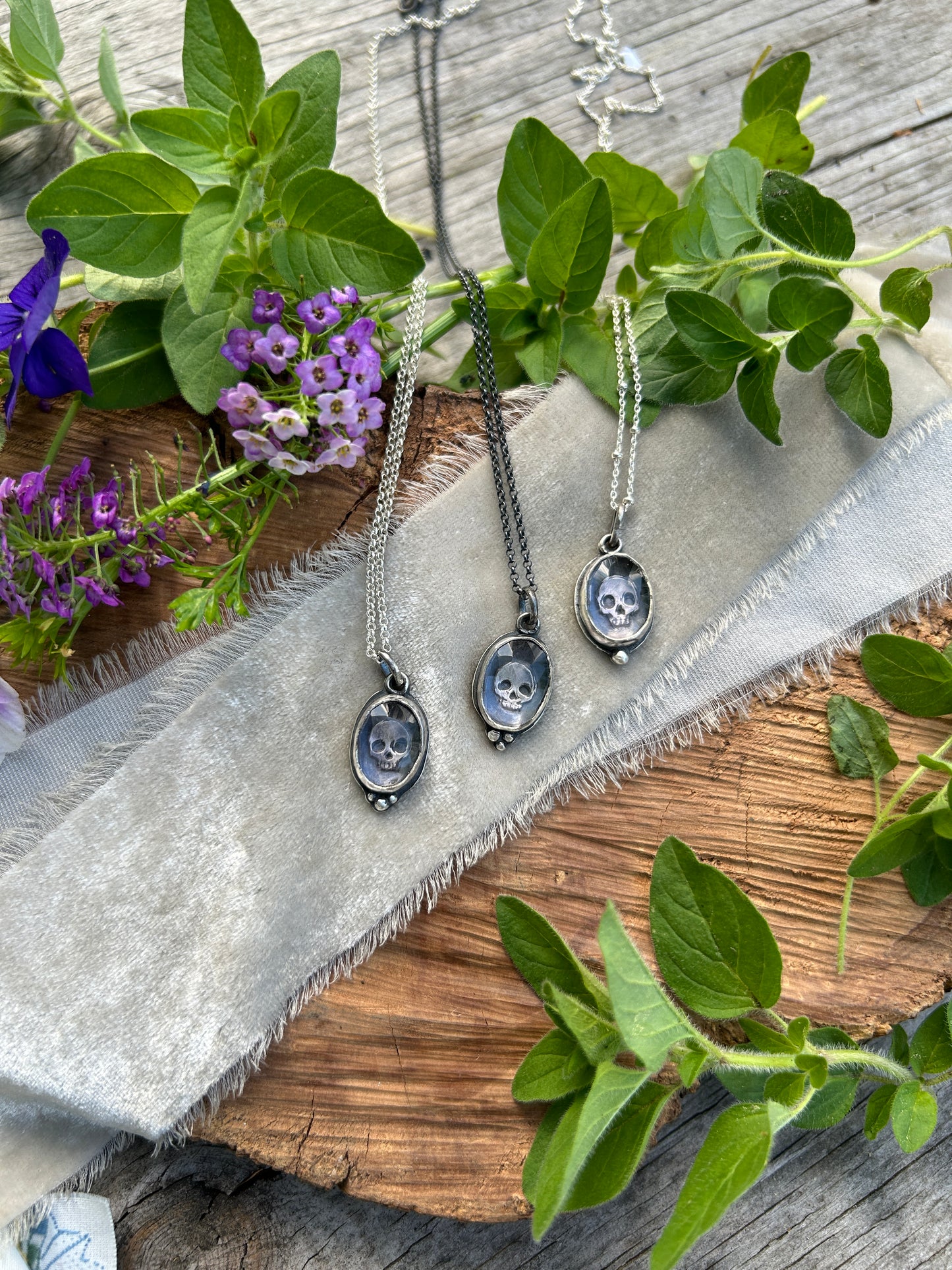 Amethyst skull necklaces-memento mori sterling silver ready to ship pendants