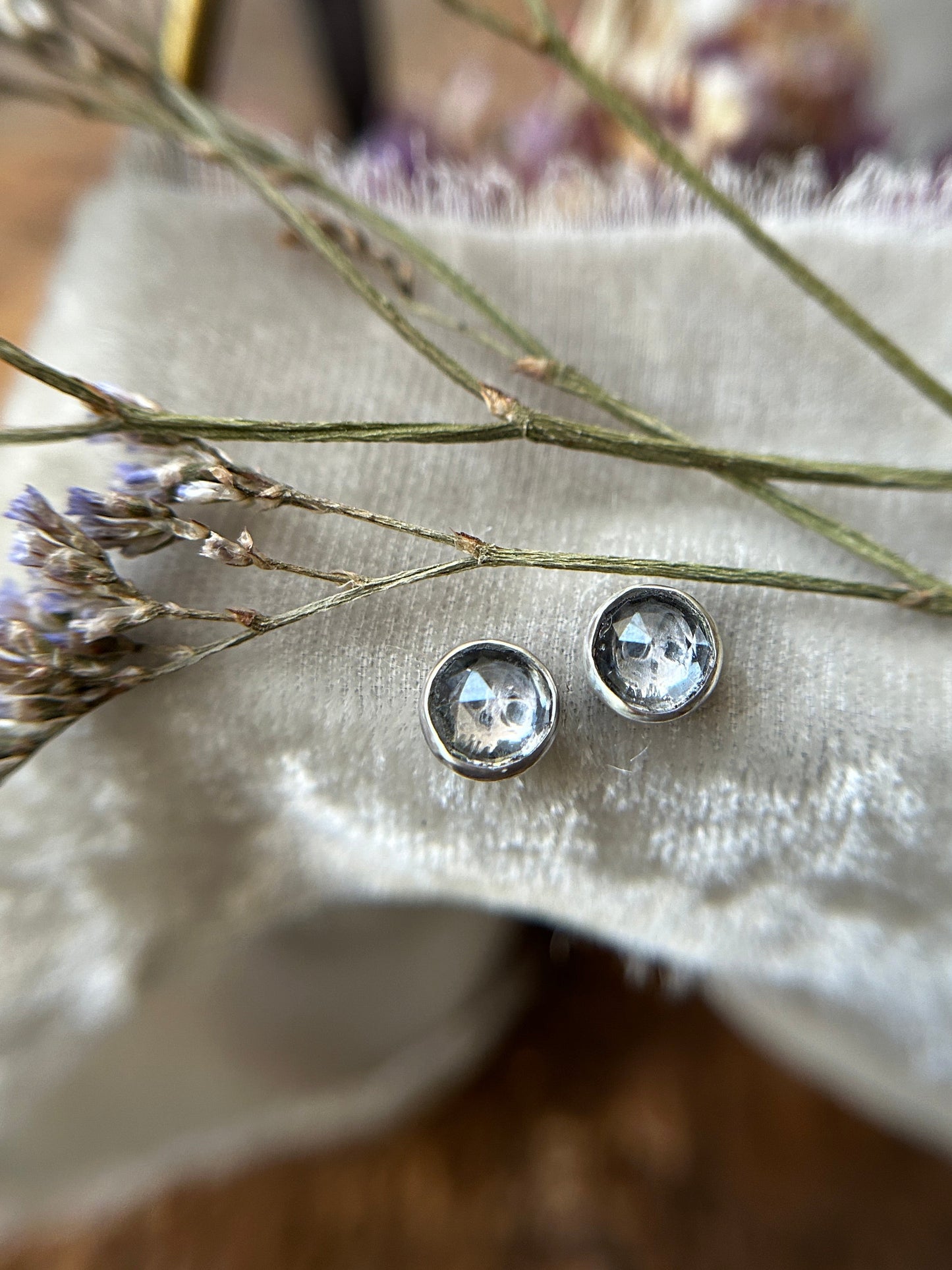 Tiny Quartz Skull Stud Earrings Sterling silver jewelry- made to order