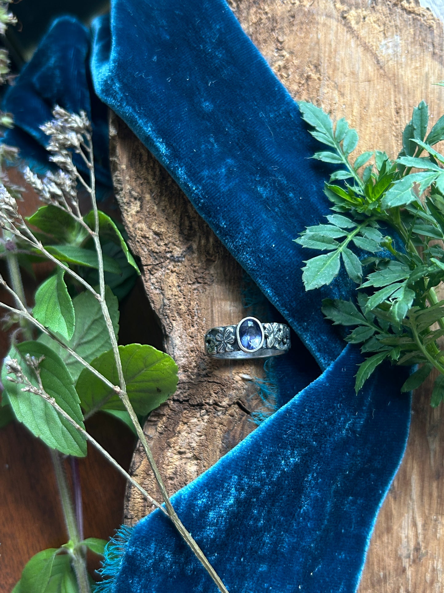 Woods Violet and Iolite wide hammered band ring- sterling silver jewelry