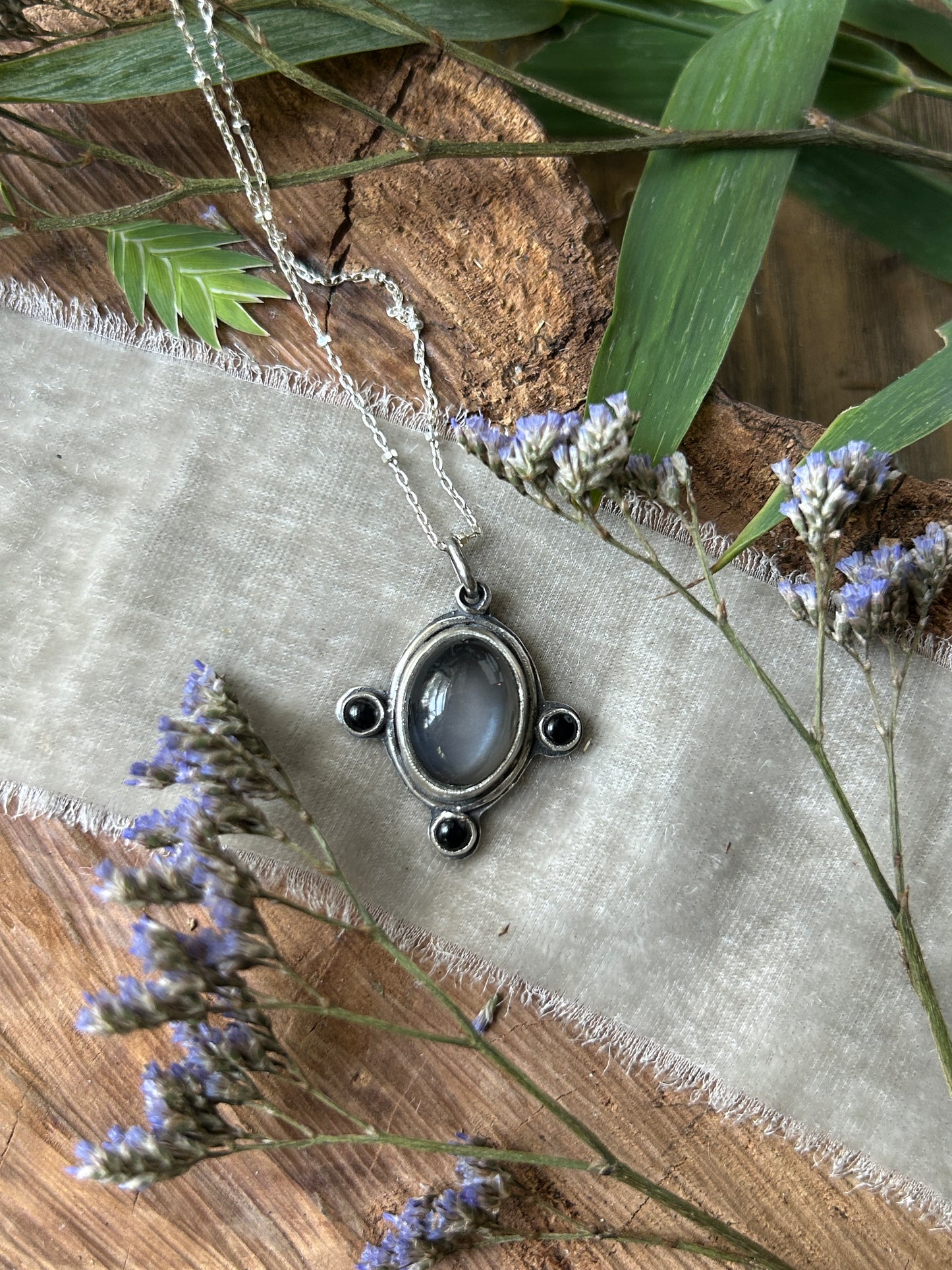 Weeping Willow Grey Moonstone and black onyx necklace- sterling silver jewelry