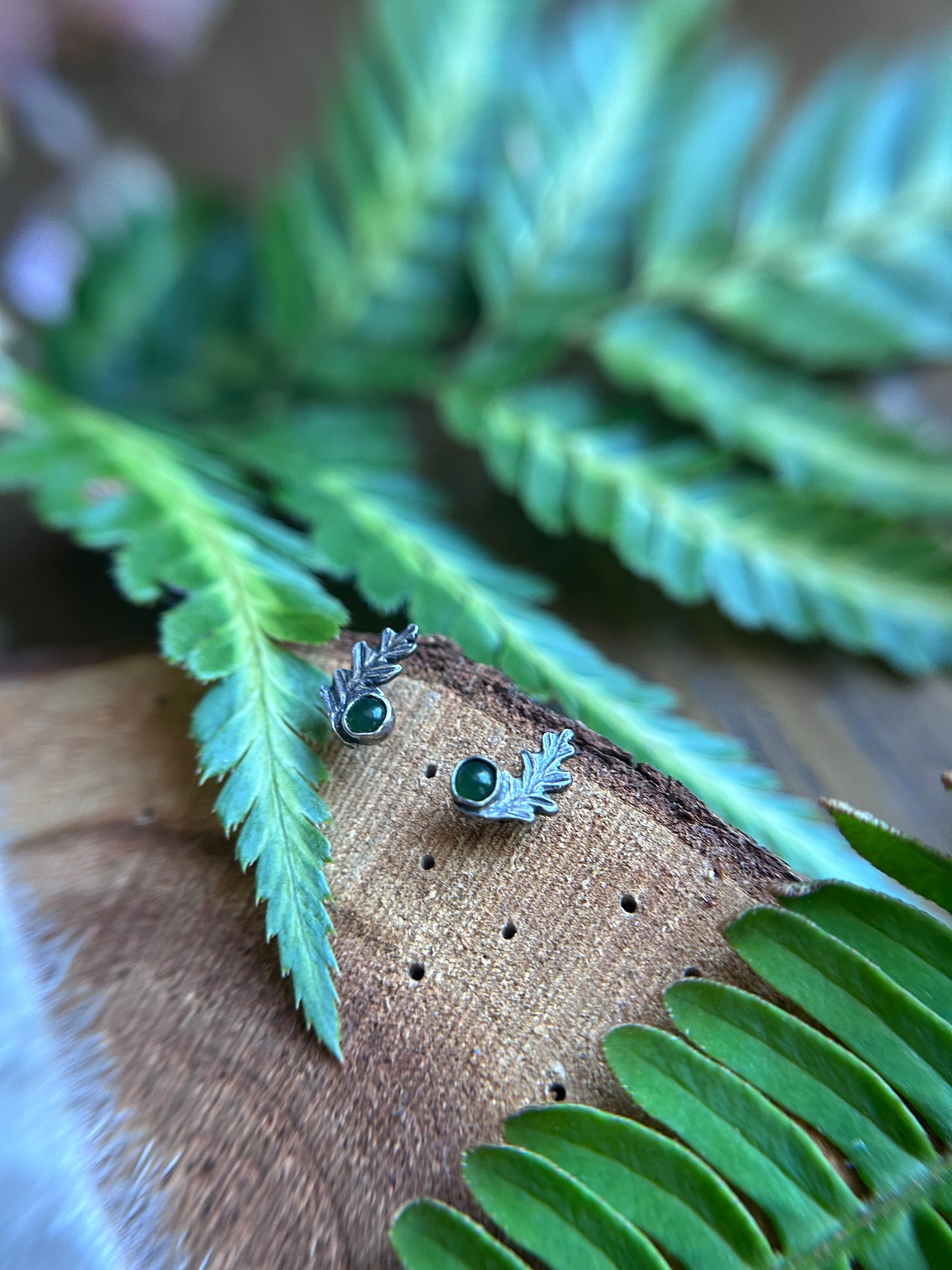 Fern Sprigs with Jade earrings- post style sterling silver jewelry