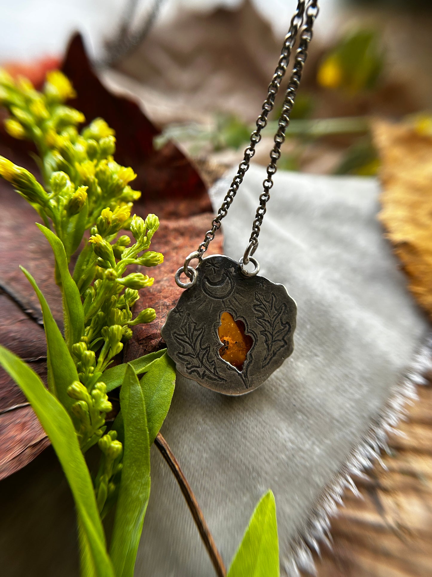 Oak Moon with Hessonite Garnet Necklace- Sterling silver and brass jewelry