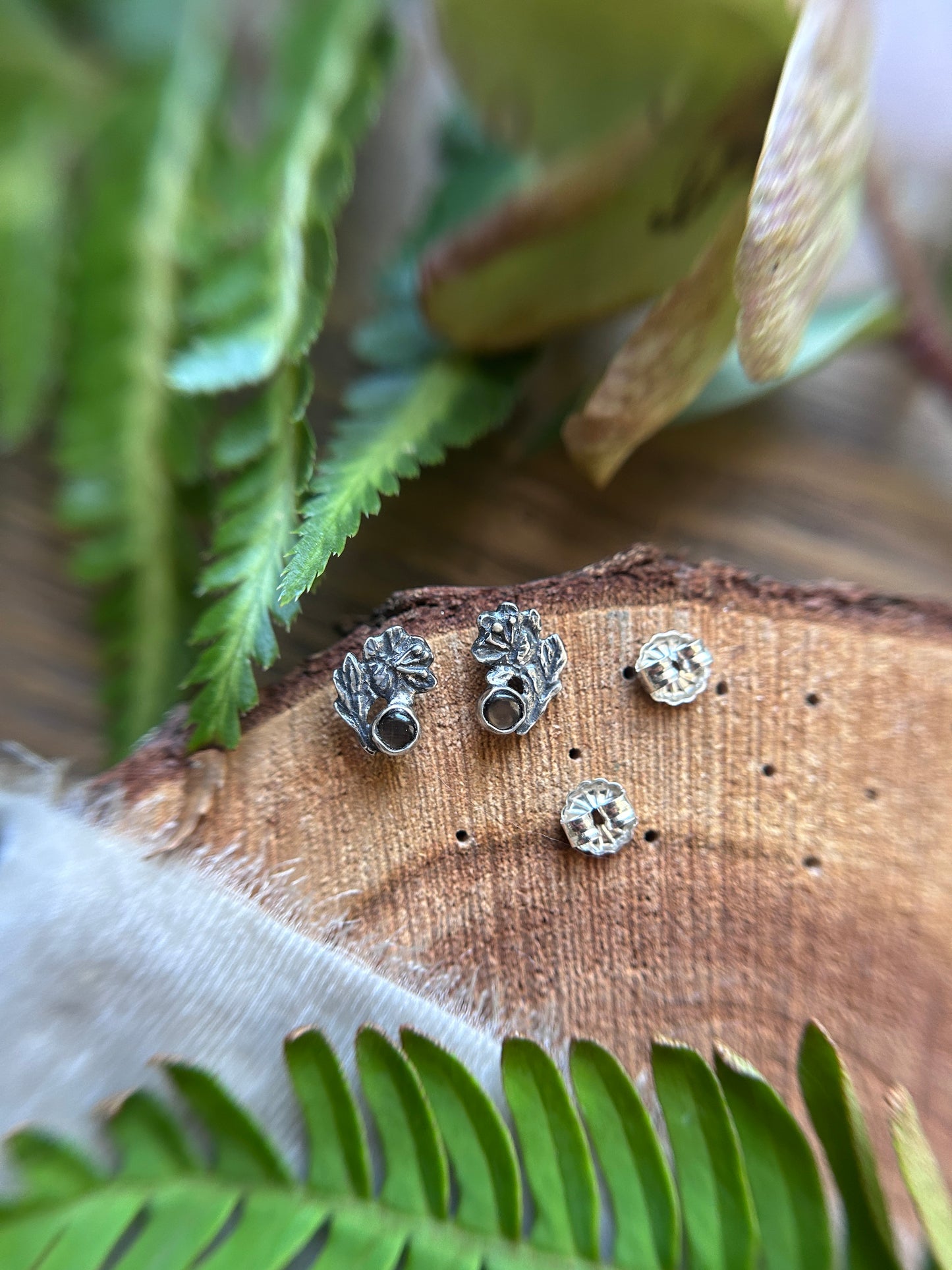 Hellebore flower post earrings with black star sapphire- Sterling silver jewelry