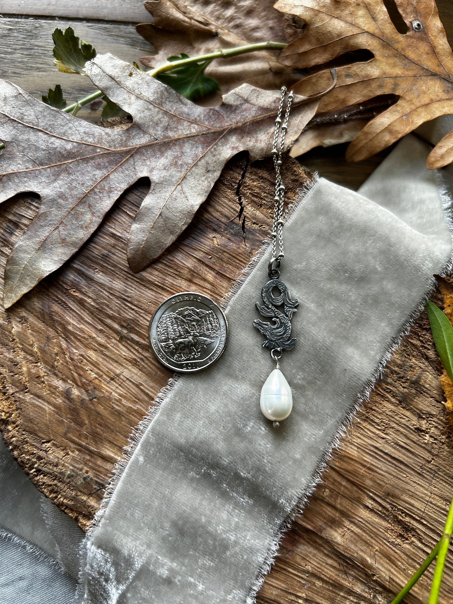 Sea Serpent Dragon with Baroque Pearl Necklace- sterling silver jewelry