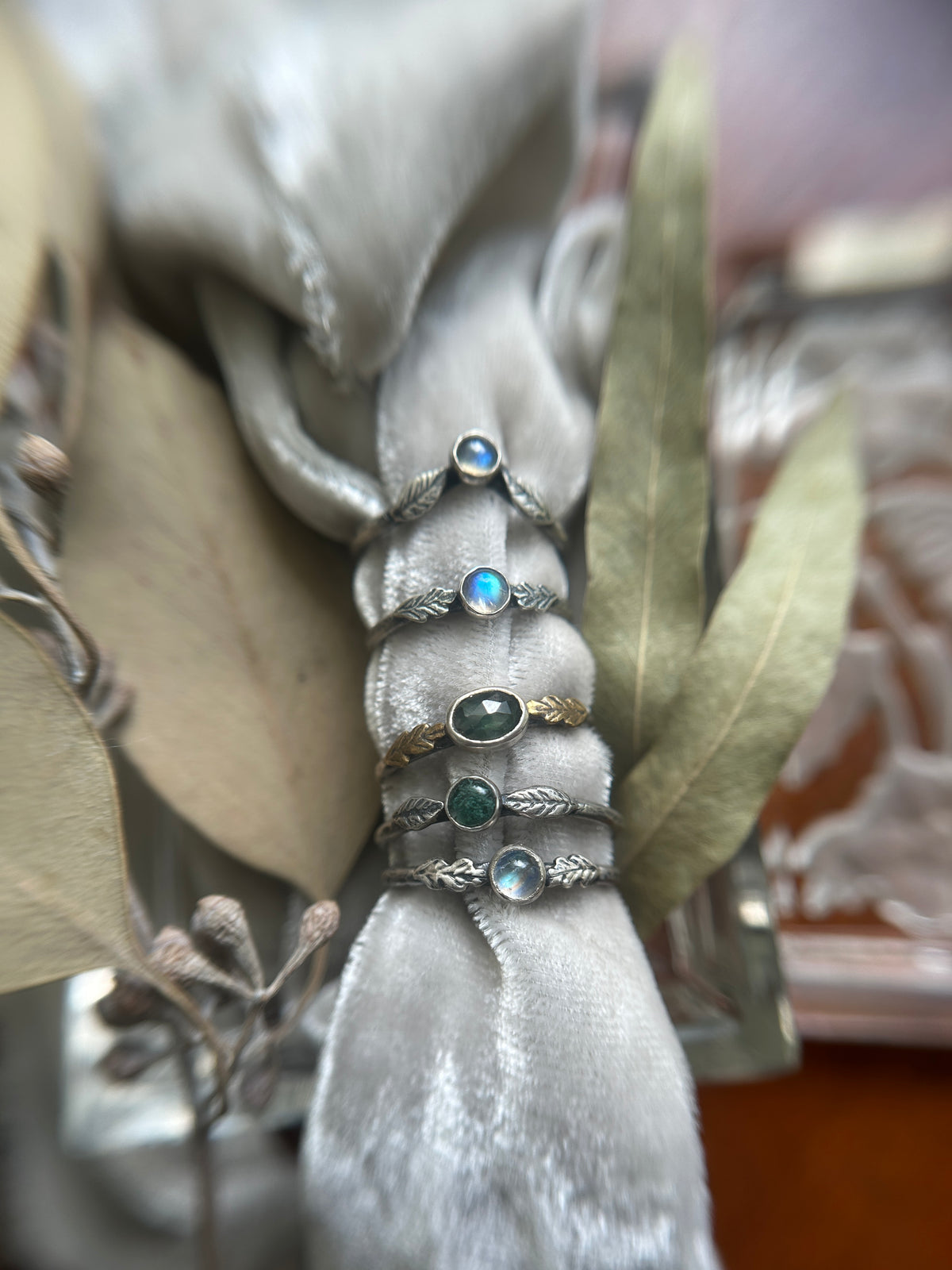 Ready to ship Woodland Leaf Rings- assorted gemstones- sterling silver jewelry