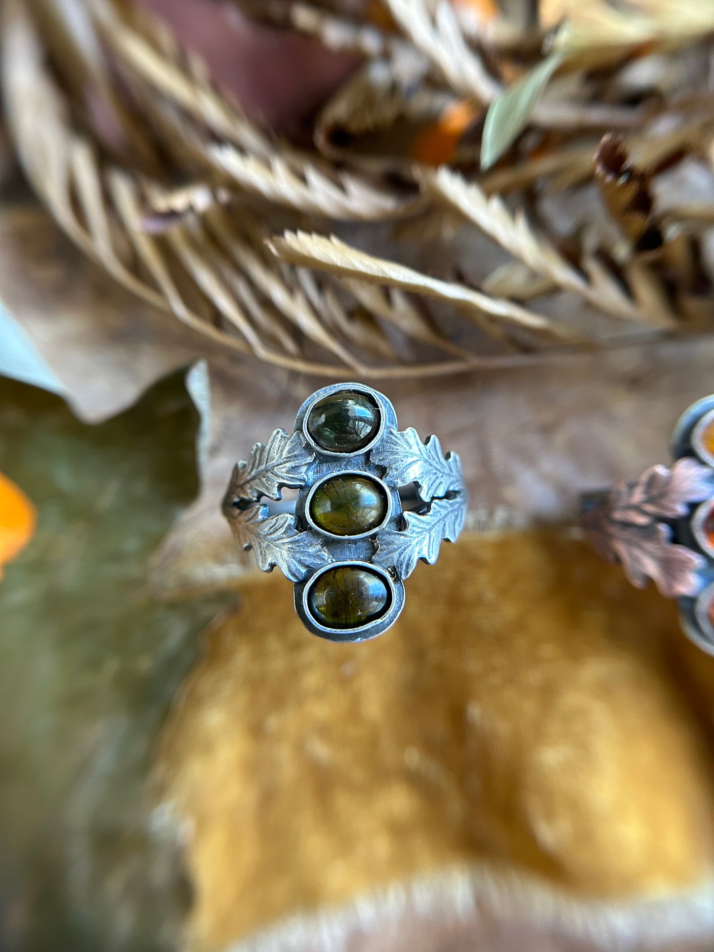 Tourmaline Autumn Forest Rings- any size- choice of green, orange, or yellow. Silver, copper, brass oak leaves