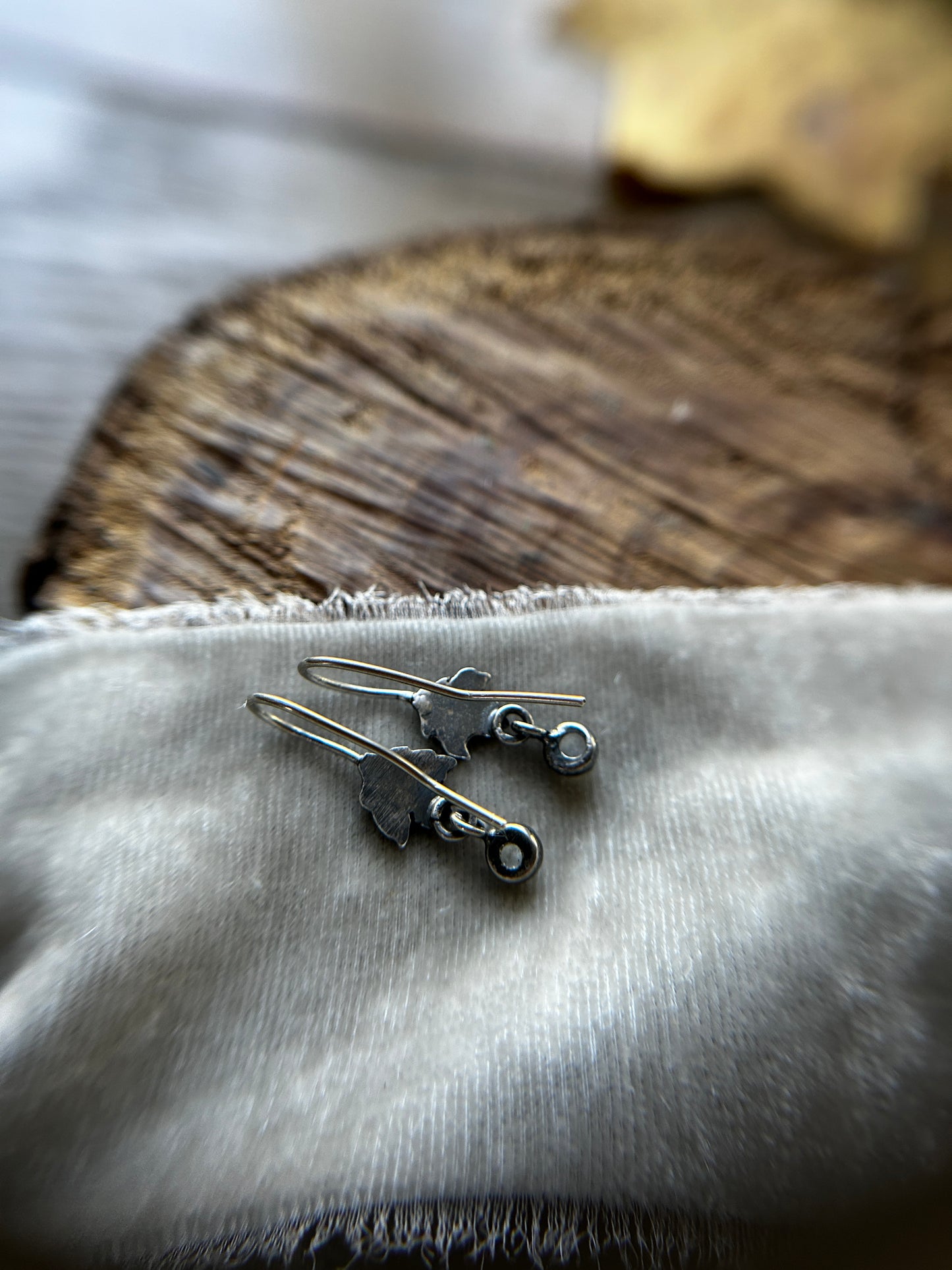 Woodland Leaf Earrings- sterling silver, brass, copper options with gem charm- jewelry