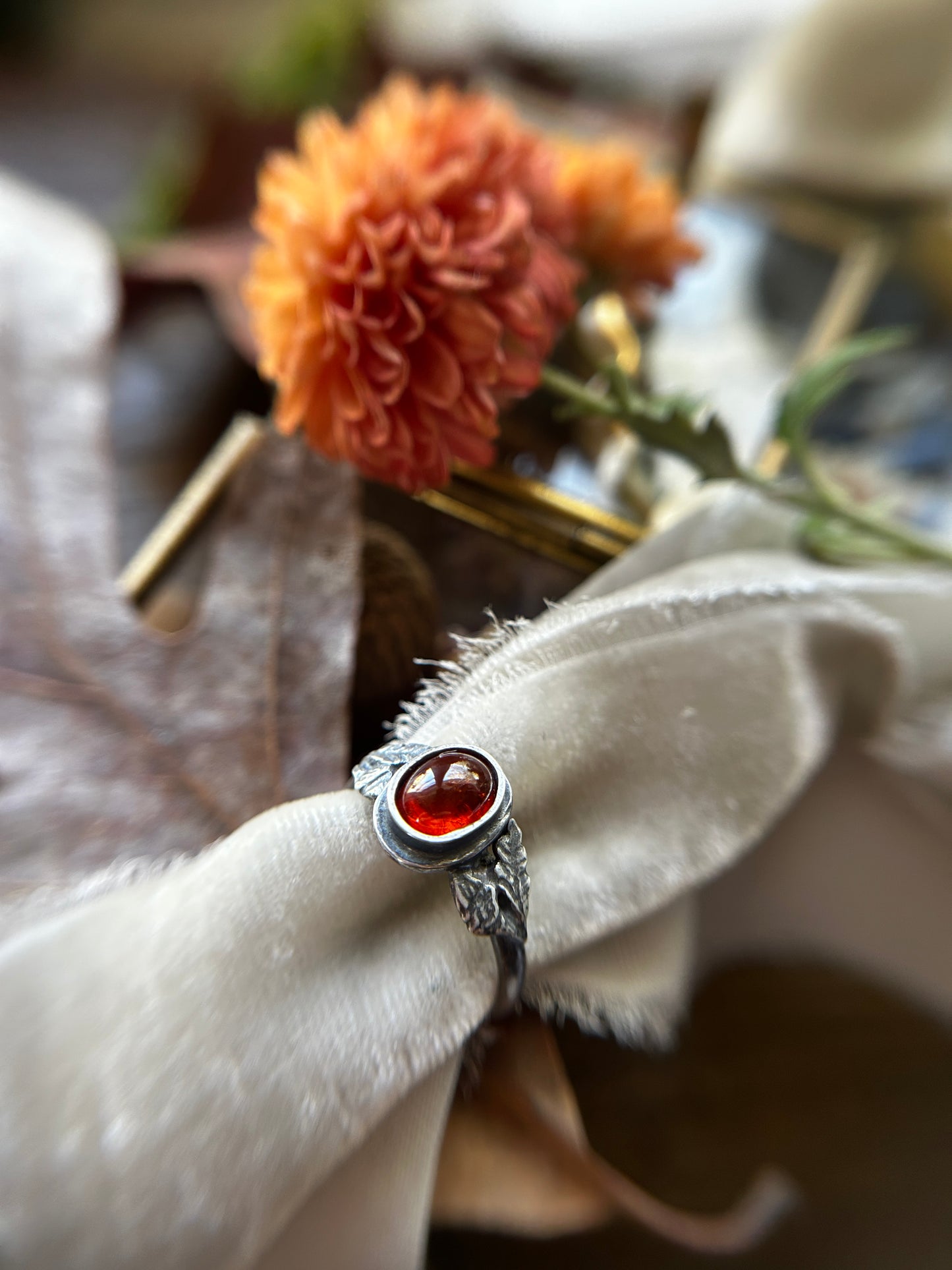 Oak and Acorn Ring in choice of zircon or hessonite garnet- sterling silver jewelry