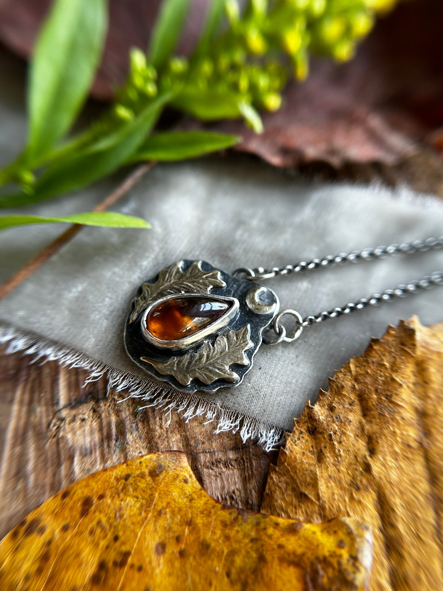 Oak Moon with Hessonite Garnet Necklace- Sterling silver and brass jewelry