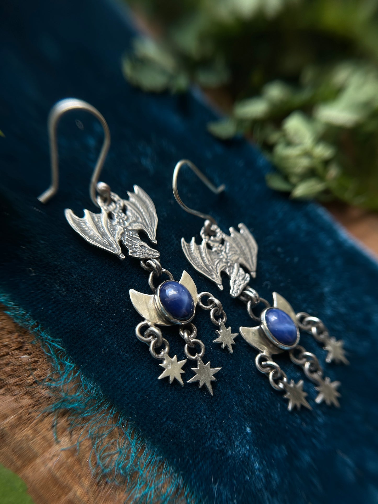 Moon and Starlit Dragon Flight Earrings- blue star sapphire - sterling silver jewelry