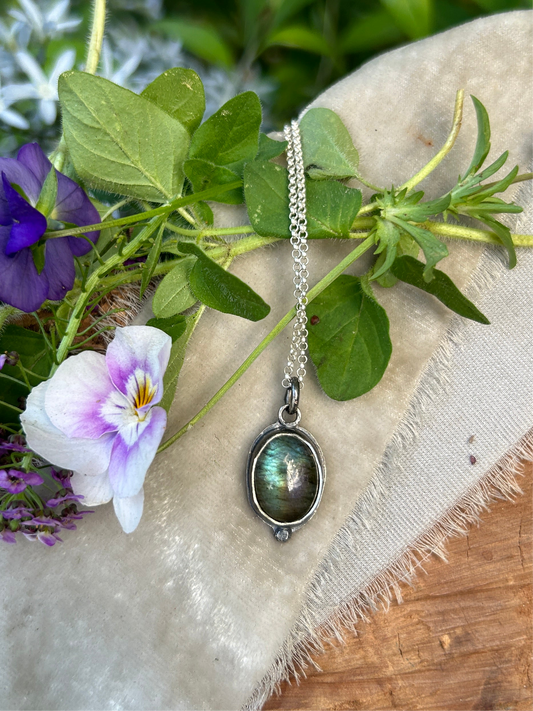 Simple Gemstone Necklace- labradorite with moon cutout- sterling silver jewelry