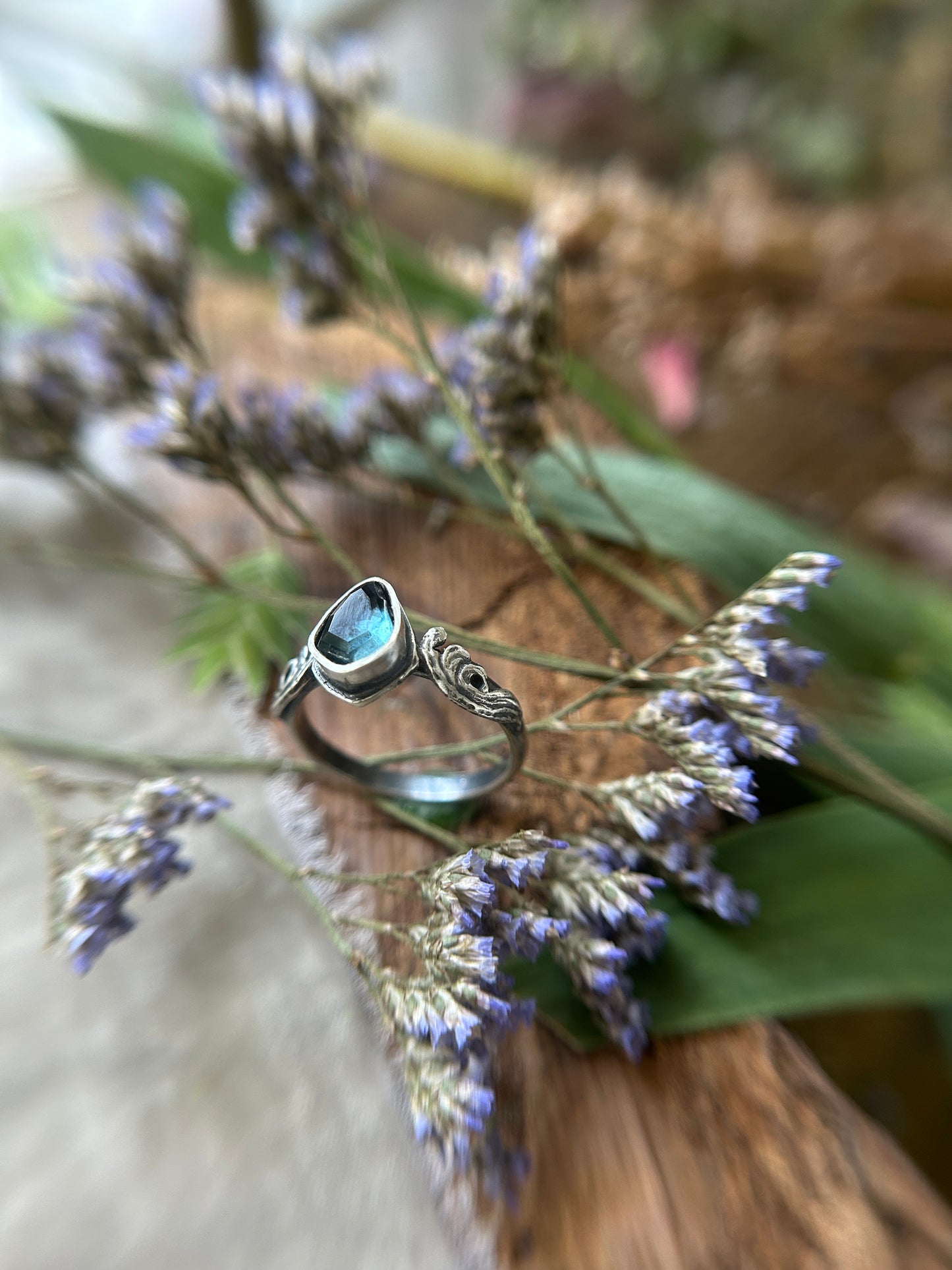 London Blue Topaz Memento Mori Skull and Waves Ring- sterling silver jewelry- MADE TO ORDER