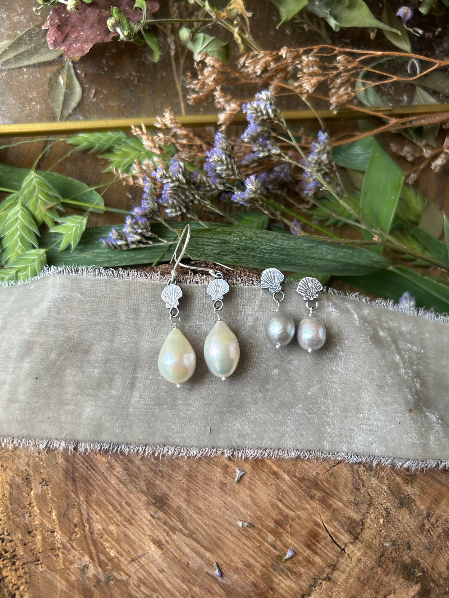 Baroque Pearl Seashell Earrings- sterling silver jewelry
