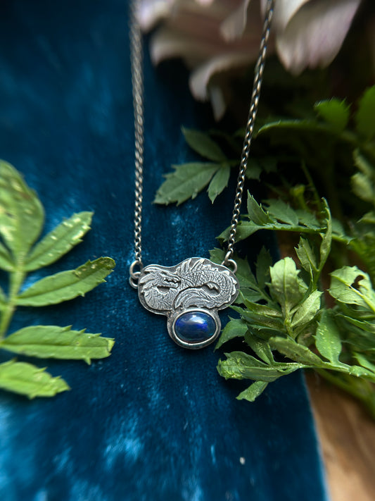Sea Serpent and Black Opal Necklace- sterling silver jewelry
