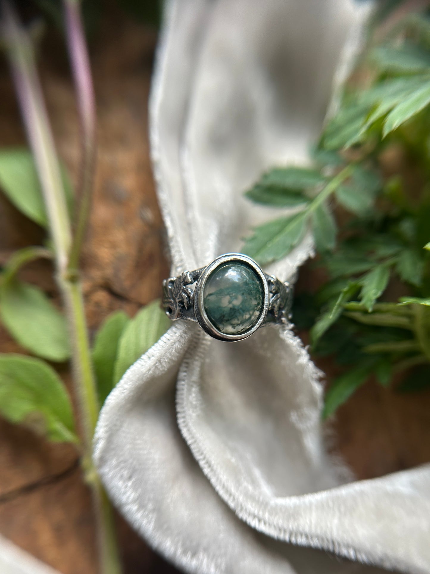 Kelpie Ring with Moss Agate- sterling silver jewelry