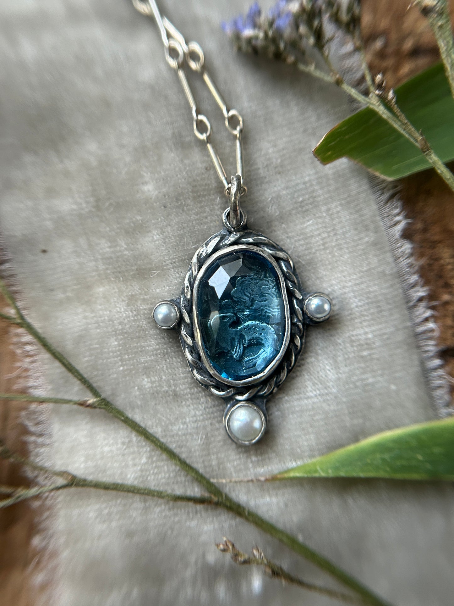 Seaside Selkie under London Blue topaz Necklace- sterling silver jewelry pearl accents