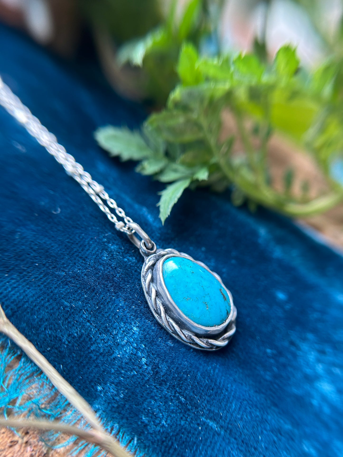Blue Turquoise with hidden bluebird Necklace- sterling silver jewelry