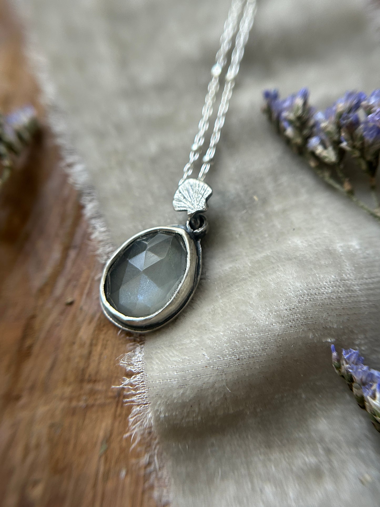 "Mini" weeping willow & urn grey moonstone necklace- sterling silver jewelry