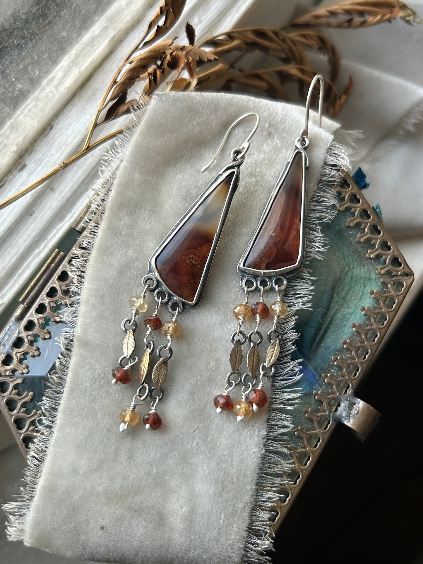 Carnelian Crow Earrings- sterling silver earrings with brass leaves and hessonite garnet details