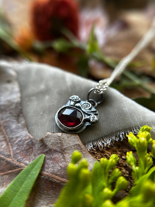 Mushroom Snail with Garnet Necklace- Sterling silver jewelry