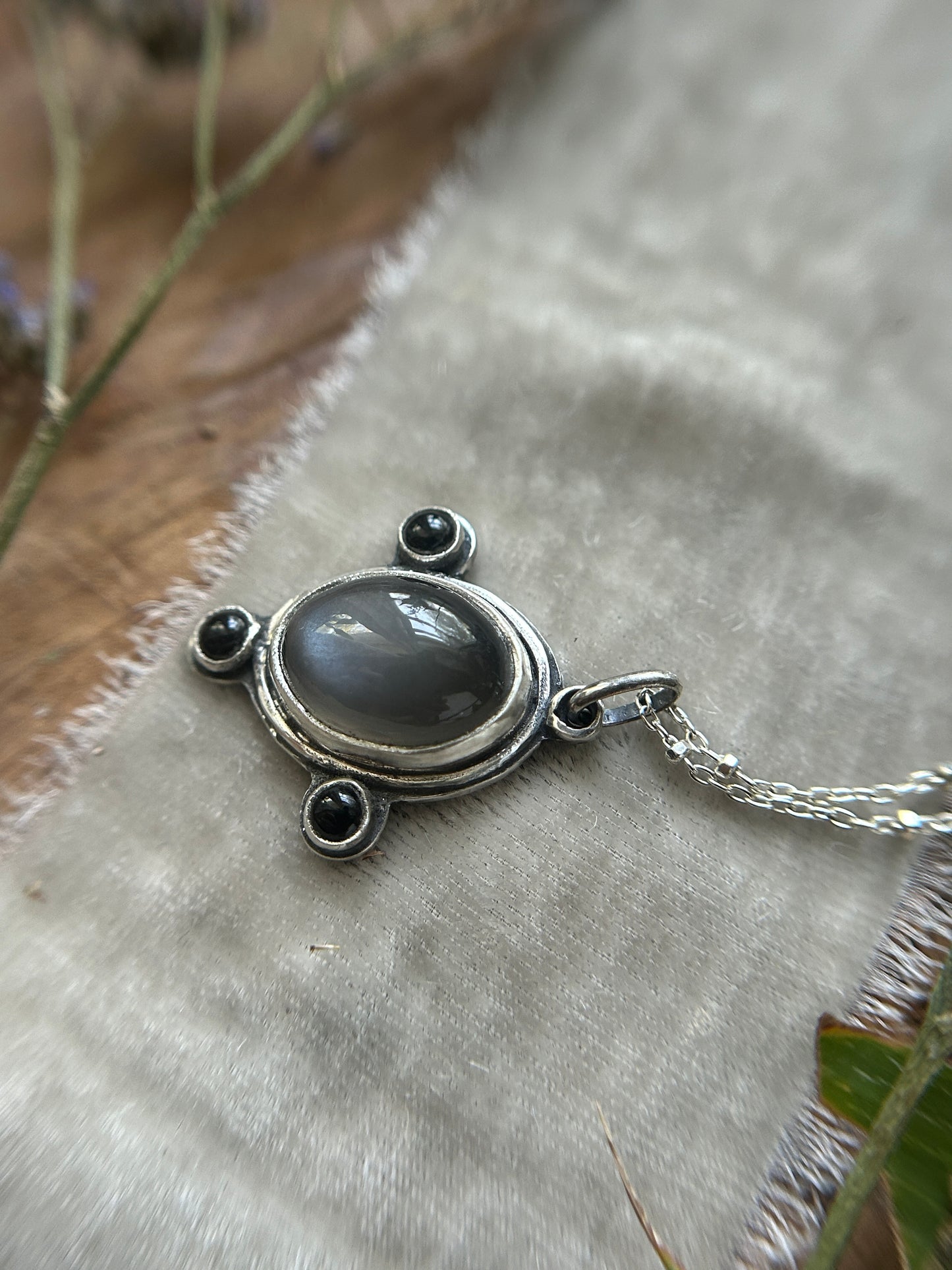 Weeping Willow Grey Moonstone and black onyx necklace- sterling silver jewelry