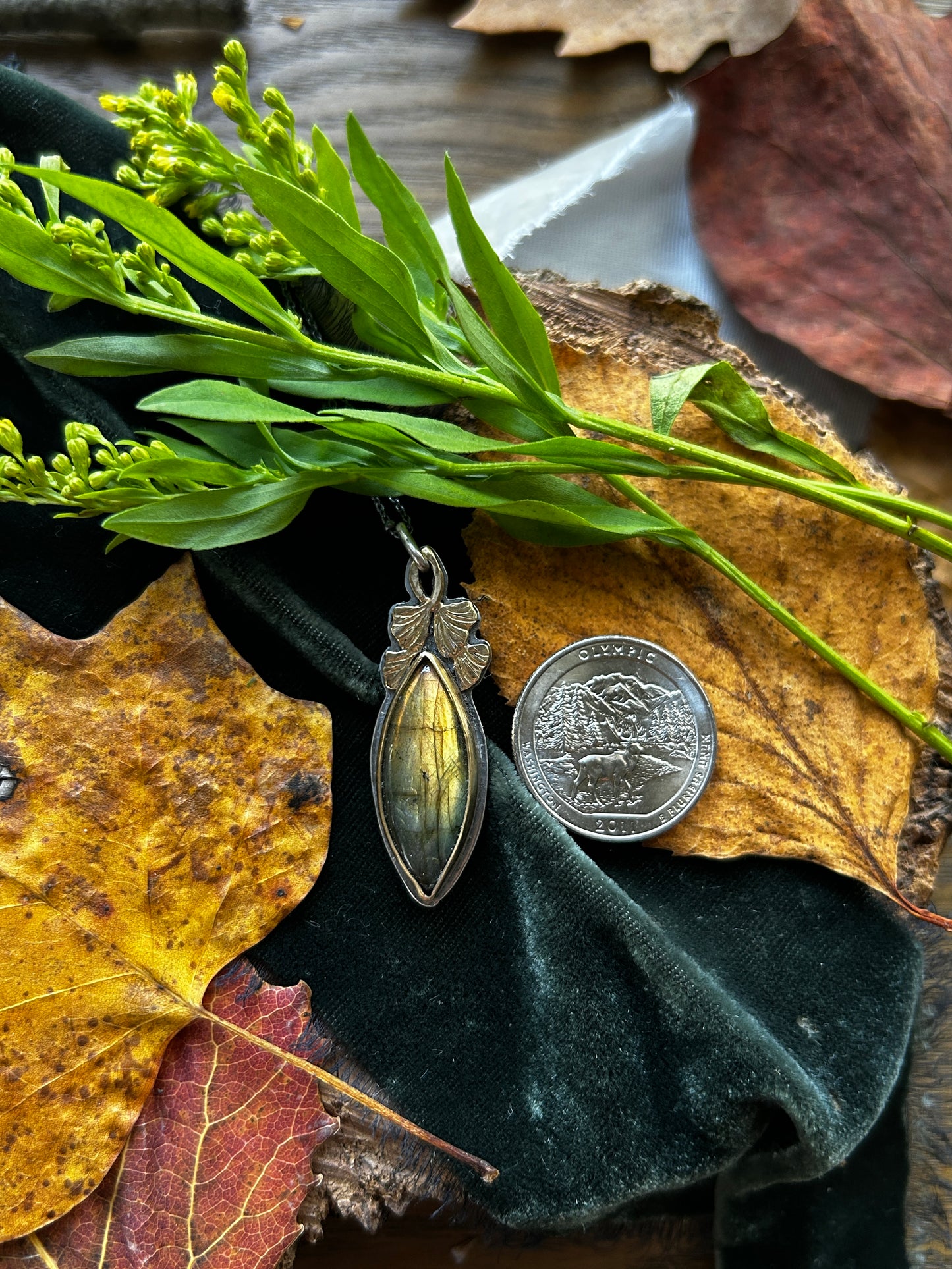 Golden Labradorite Ginkgo Leaf Necklace- sterling silver and brass jewelry