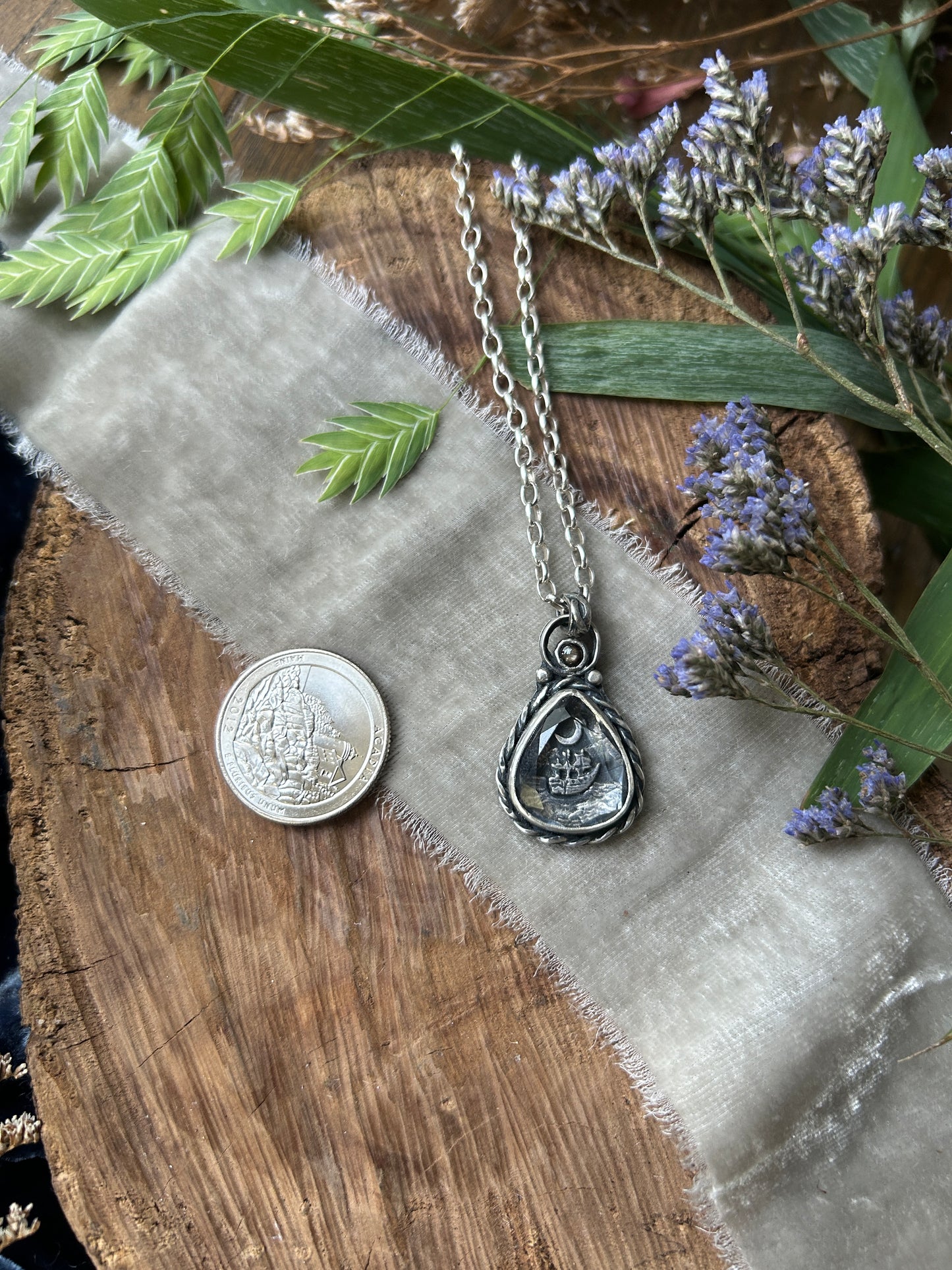 Moonlit Voyage Sailing Ship under Portrait Cut Quartz with a black star sapphire- sterling silver jewelry mourning