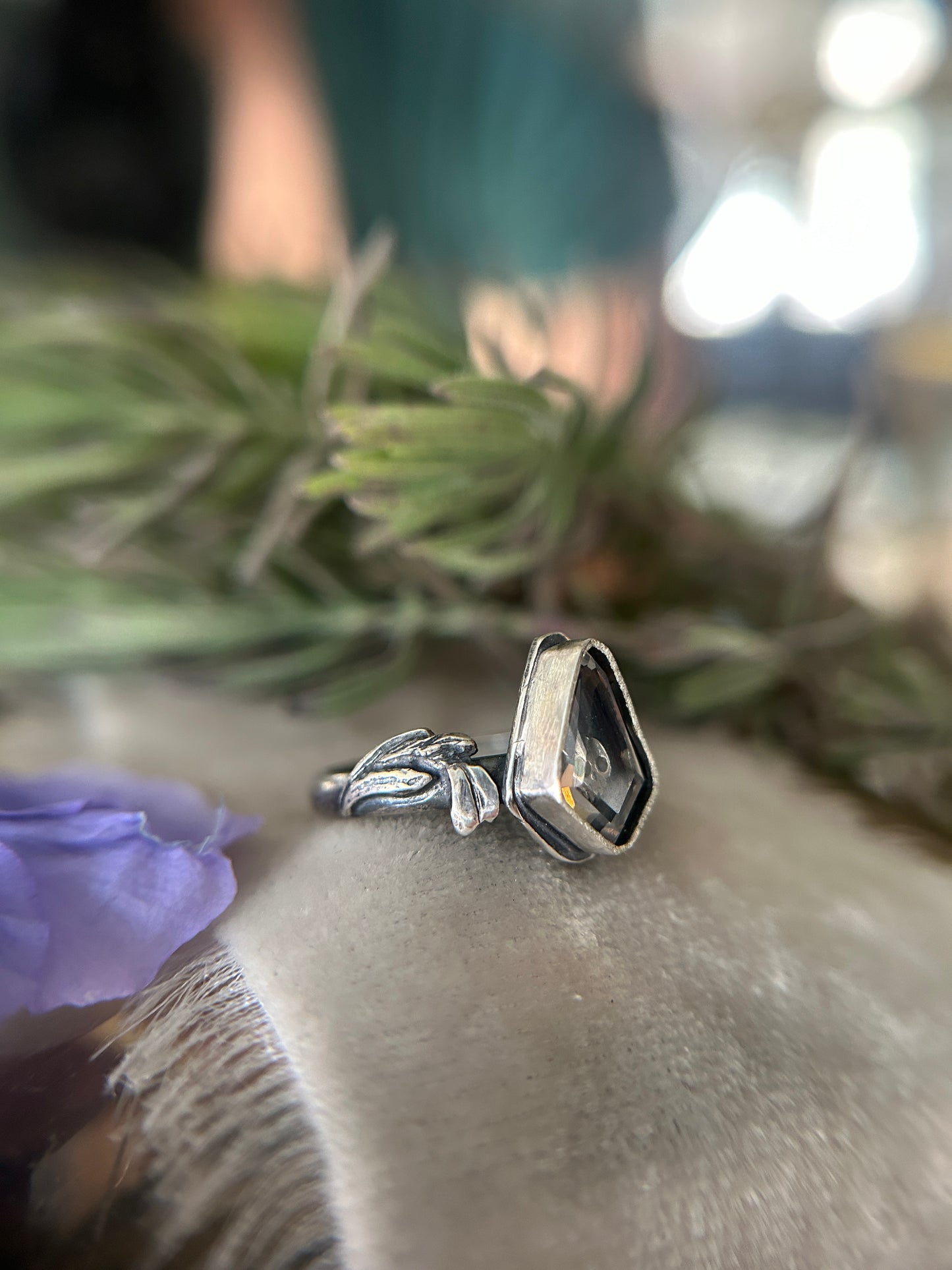 Snowdrop Skull with Portrait Cut Rainbow Moonstone -sterling silver ring finshed to ring size