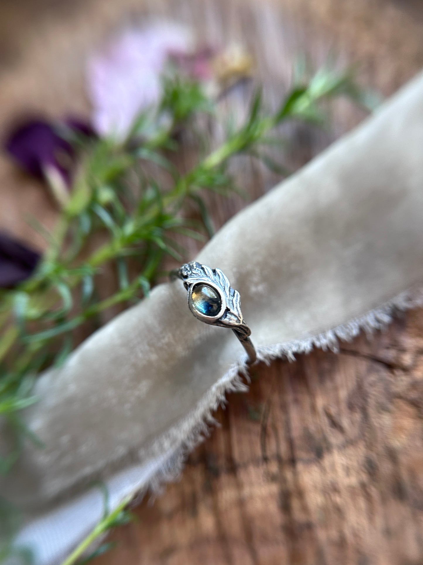Meadowsweet sprig with songea sapphire ring- Sterling silver jewelry