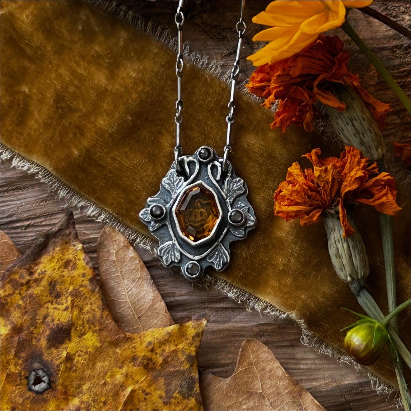 All Hallows Eve Jack-o-lantern necklace with santa ana madiera citrine stone- sterling silver jewelry