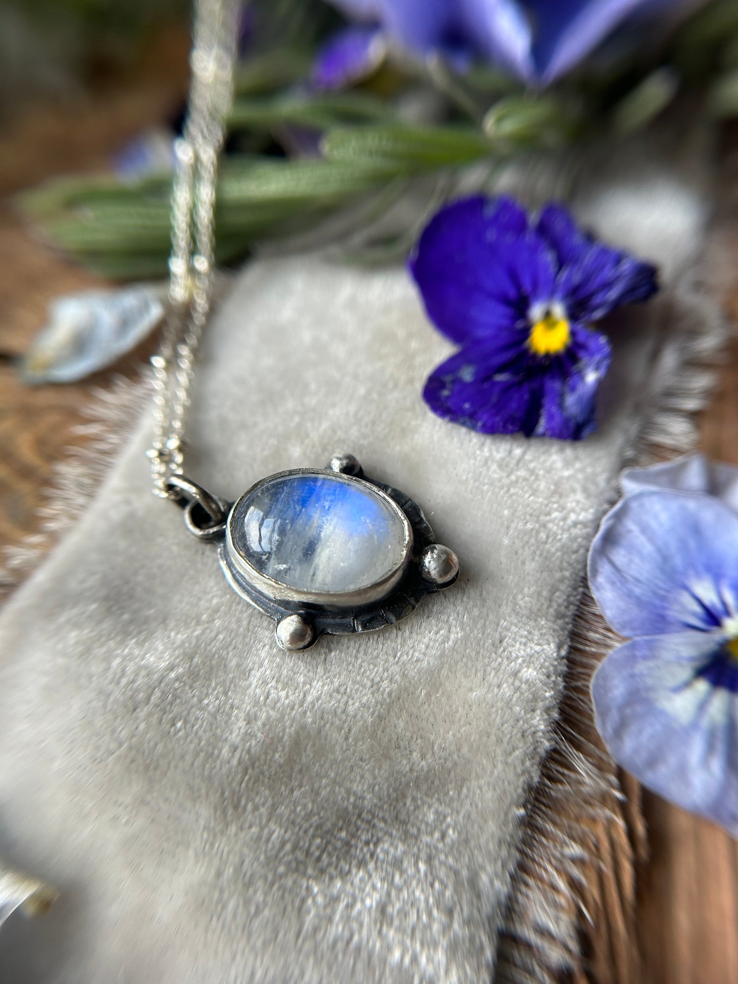 Rainbow Moonstone with Barn Owl back Necklace- sterling silver