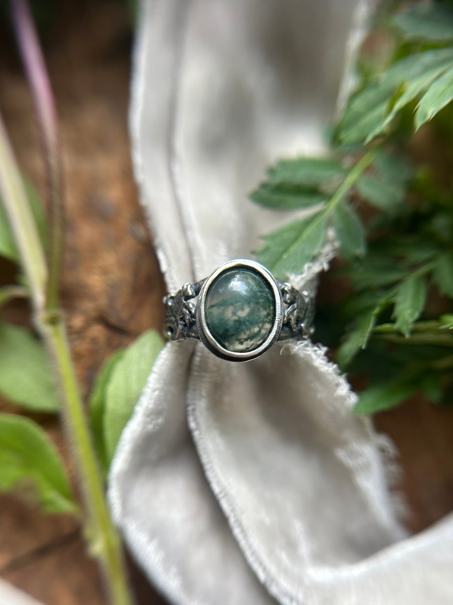 Kelpie Ring with Moss Agate- sterling silver jewelry