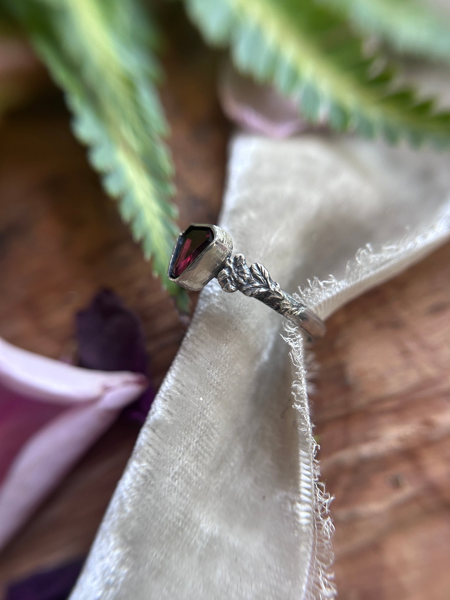 Wild roses & skull ring with portrait cut coffin garnet- Sterling silver jewelry
