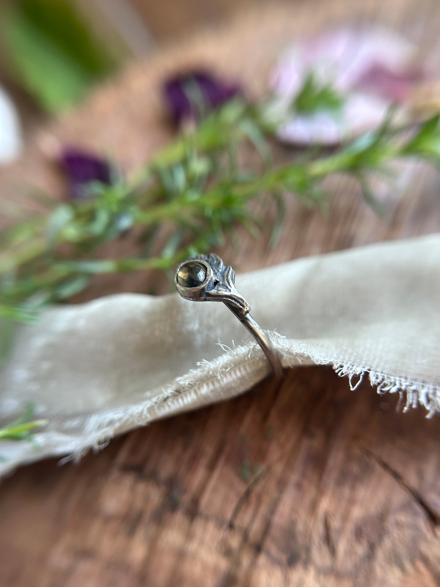 Meadowsweet sprig with songea sapphire ring- Sterling silver jewelry